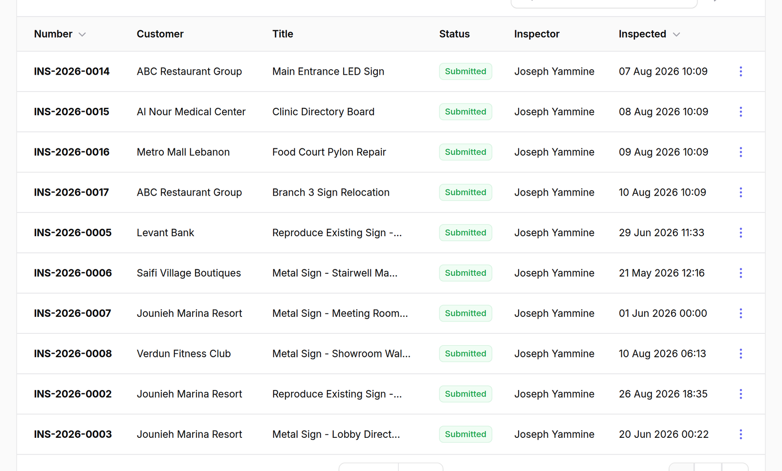 Open the list — Inspections