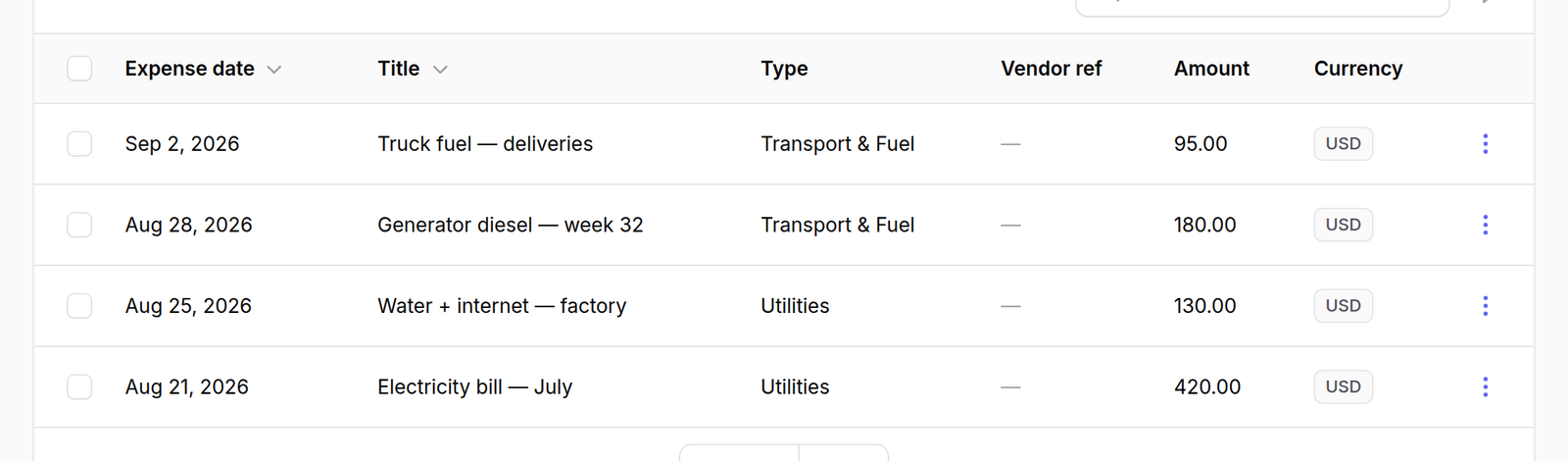 Open the list — Expenses