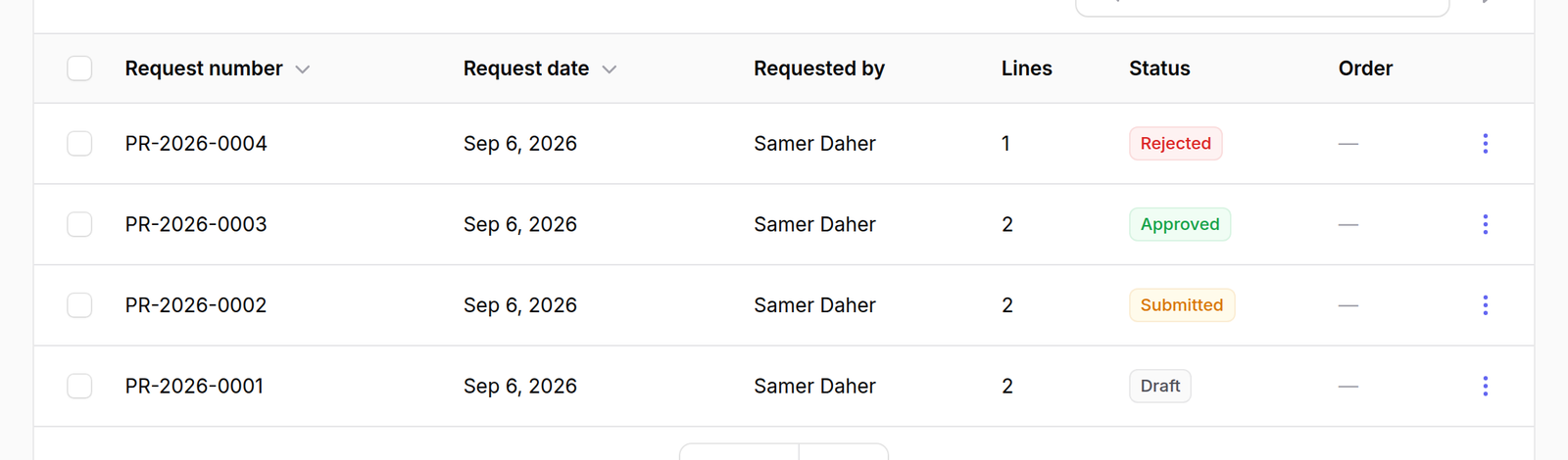 Open the list — Purchase Requests