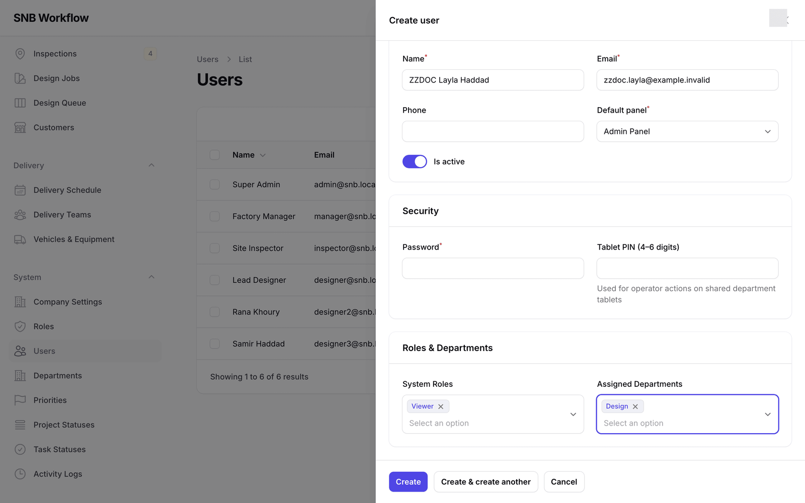Say which departments they belong to — Add a user